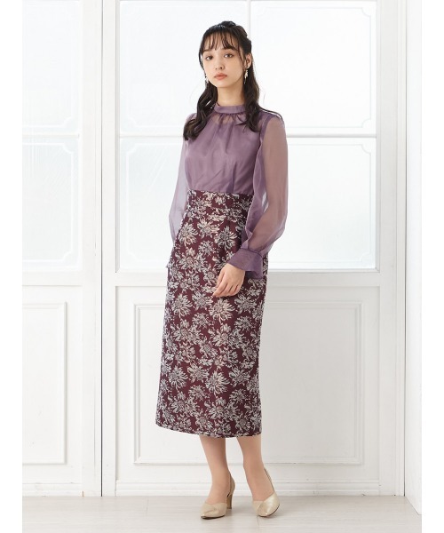 AIMER ドレス シャンブレーオーガンジー×ジャカード袖付きタイト