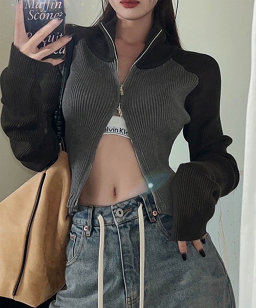 ニット セーター ラグラン配色ニット レディース GLAMOROUS JANE ニット セーター ラグラン配色ダブルZIPニット