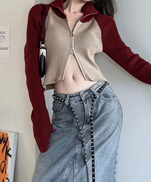 ニット セーター ラグラン配色ニット レディース GLAMOROUS JANE ニット セーター ラグラン配色ダブルZIPニット