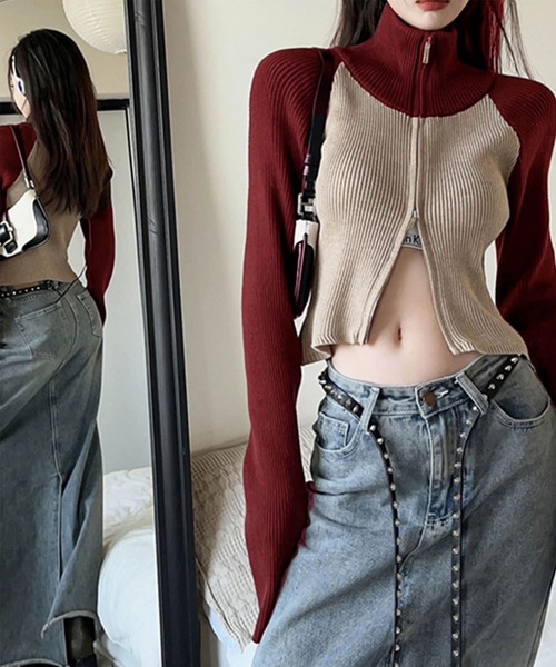 ニット セーター ラグラン配色ニット レディース GLAMOROUS JANE ニット セーター ラグラン配色ダブルZIPニット