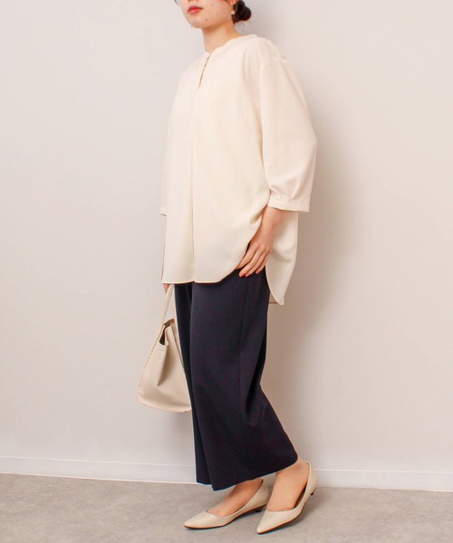 【fleur】【Ｌ〜５Ｌ】ドビーストライプフリルカラーブラウス fleur by mint breeze ブラウス シャツ 「L〜5L 大きいサイズ