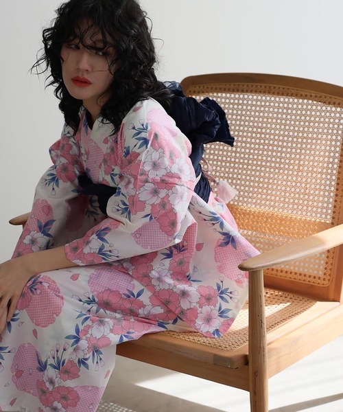 Yulie 大人浴衣2点セット洗える ピンク 8種類から選べる洗える浴衣2点セット／【大人浴衣+帯】 ポップ