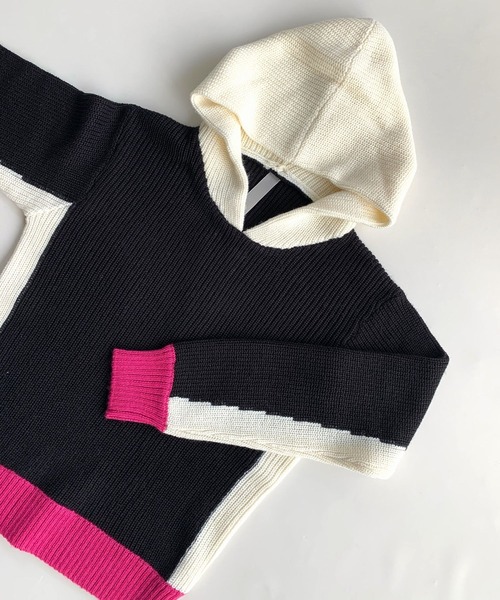 Q ニット セーター 配色フーディーニットパーカー レディース