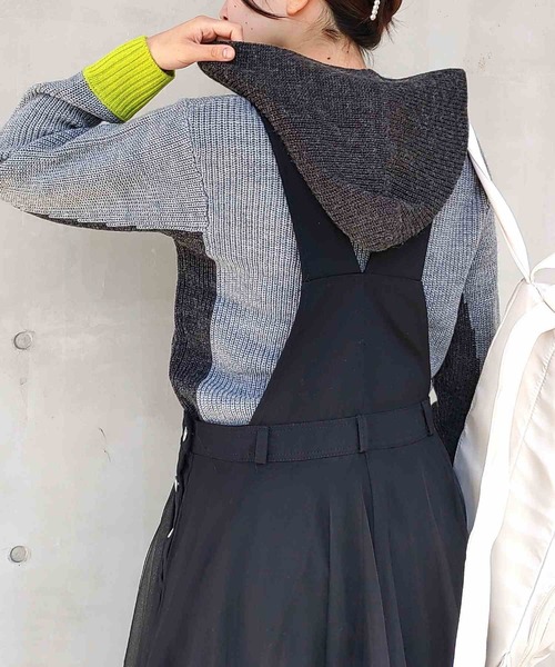 Q ニット セーター 配色フーディーニットパーカー レディース