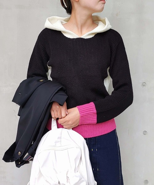 Q ニット セーター 配色フーディーニットパーカー レディース