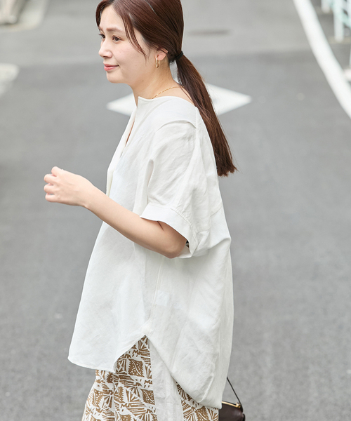 JOURNAL STANDARD　リネン麻ノーカラーブラウス JOURNAL STANDARD レーヨン麻ノーカラーブラウス リネン ブルー