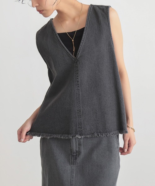 for/c（フォーシー） ベスト ジレ 裾フリンジデニムベスト