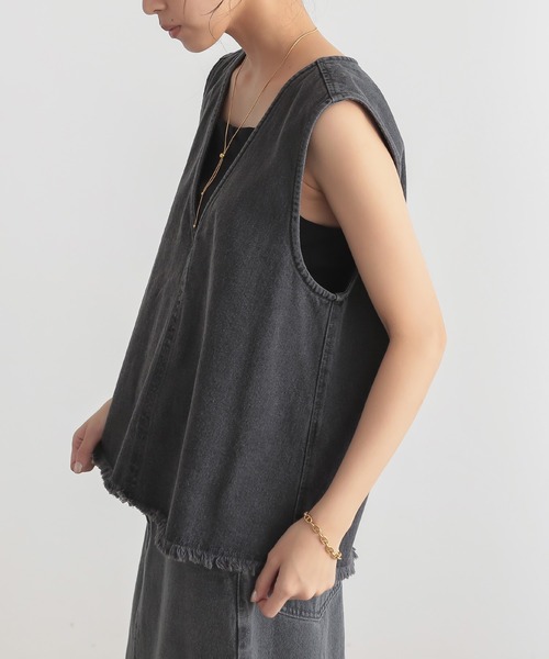 for/c（フォーシー） ベスト ジレ 裾フリンジデニムベスト