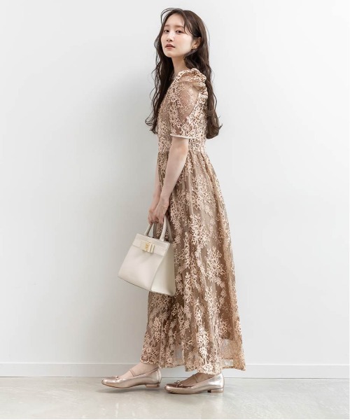 タダシショージ レース ワンピース Vネック 半袖 Aライン ベージュ フレア RANDA（ランダ） パーティードレス ワンピース 半袖 レースフレア