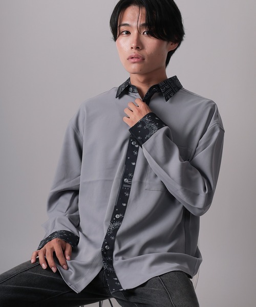 シャツ 「70」ナチュラルストレッチ 総柄クレリックシャツ メンズ