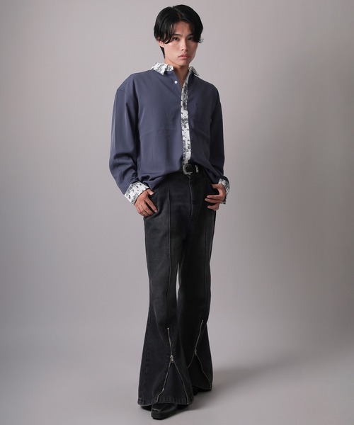 シャツ 「70」ナチュラルストレッチ 総柄クレリックシャツ メンズ