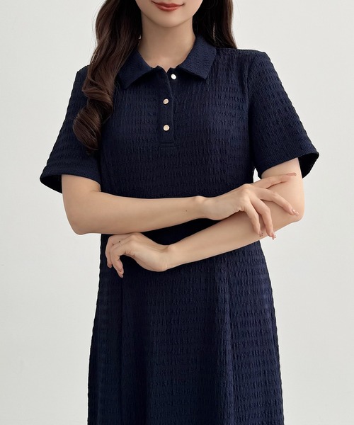 ワンピース ストレッチジャガードポロワンピース(ペチワンピースset)の画像