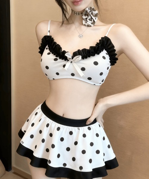 水着 体型カバー ドット柄 × フリル スカート風ビキニ水着 レディース