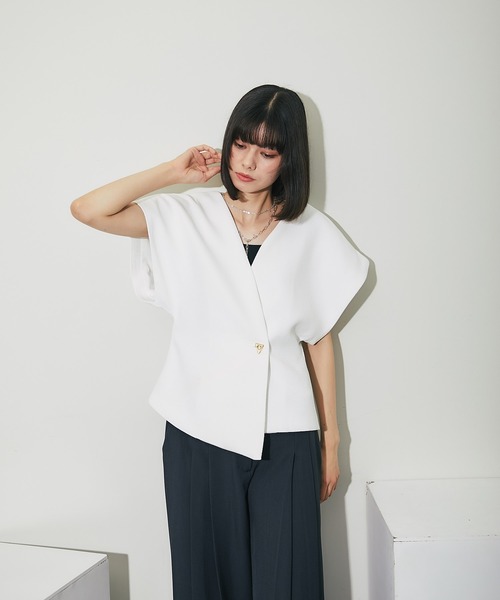 SMILE ORCHID(スマイルオーキッド)ショート丈半袖ノーカラージャケット SMILE ORCHID ベスト ジレ ショート丈ノーカラー半袖ジャケット