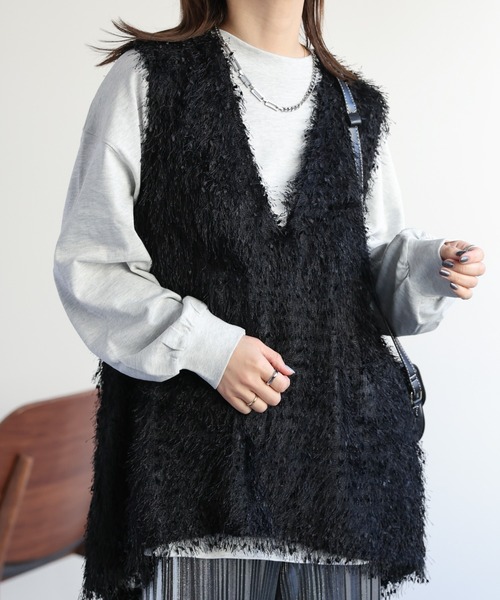 DÉPAREILLÉ フリンジデザイン ベスト 黒 ap retro ベスト ジレ ディープVネックフリンジベスト レディース