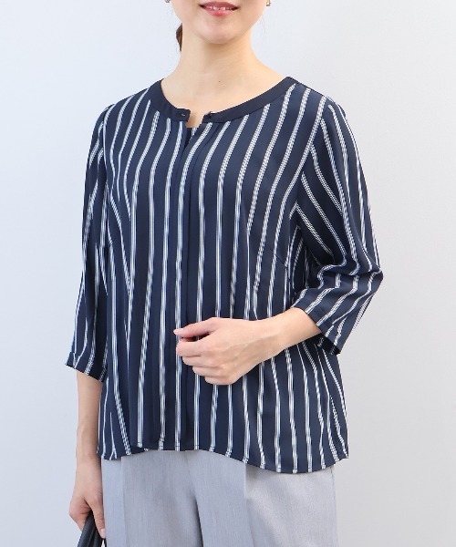 L〜5L フロンド タック ブラウス 大きいサイズ レディース 春夏 半袖 きれいめ 黒 ストライプ ドット 幾何柄 fleur by mint breeze  ミントブリーズ  wc20fa2506 MB mint breeze L〜5L フロンド タック ブラウス 大きいサイズ