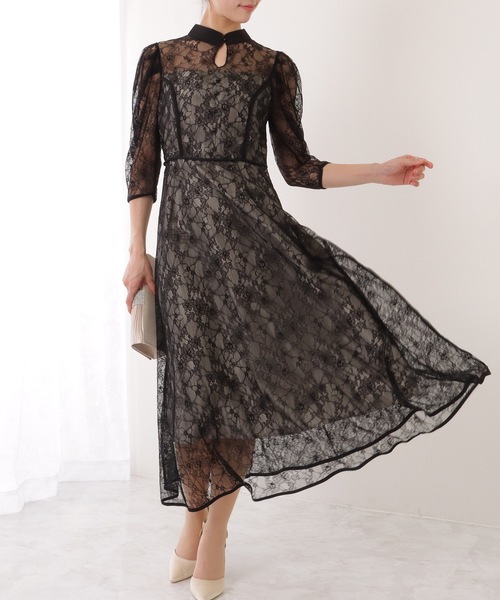Lace Ladies ドレス 7分袖 総レース 花柄 プチハイネック