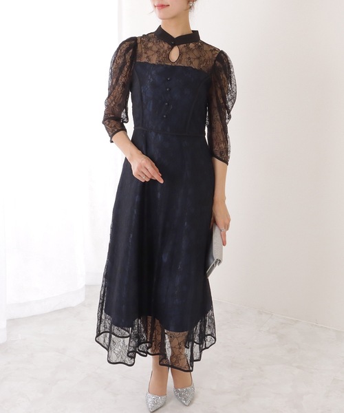 Lace Ladies ドレス 7分袖 総レース 花柄 プチハイネック