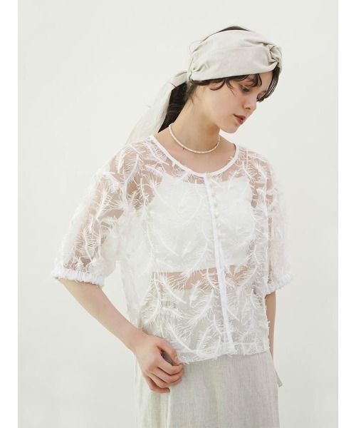 ブラウス シャツ Front button embroidery tulle blouse レディース