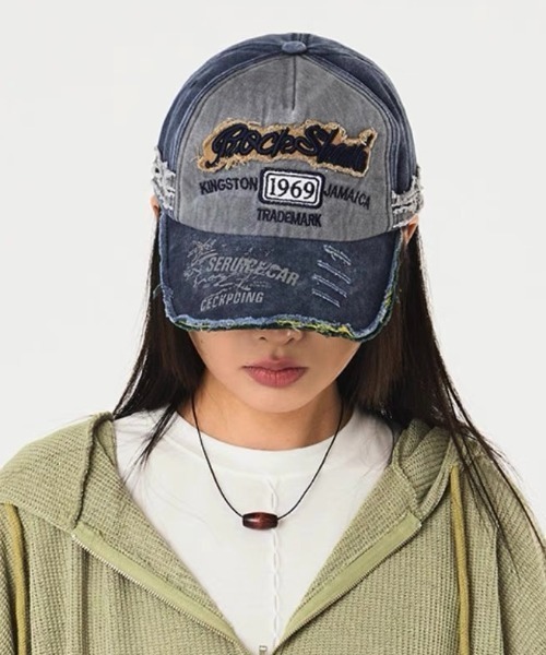 Achic キャップ 帽子 刺繍パッチダメージ加工キャップ