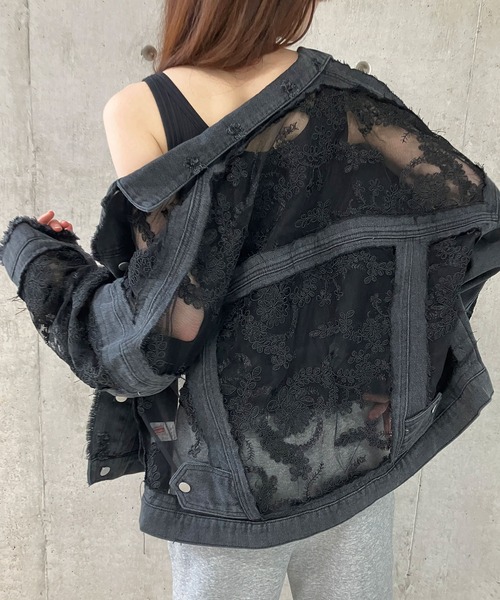 デニムジャケット gジャン レース×デニム切替Gジャン レディースの画像
