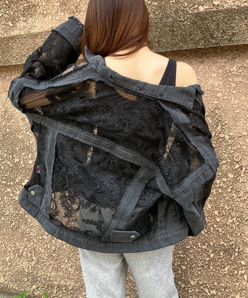 デニムジャケット gジャン レース×デニム切替Gジャン レディースの画像