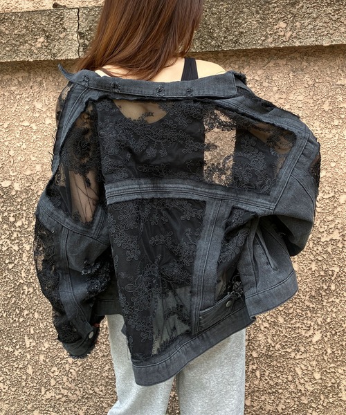 デニムジャケット gジャン レース×デニム切替Gジャン レディースの画像