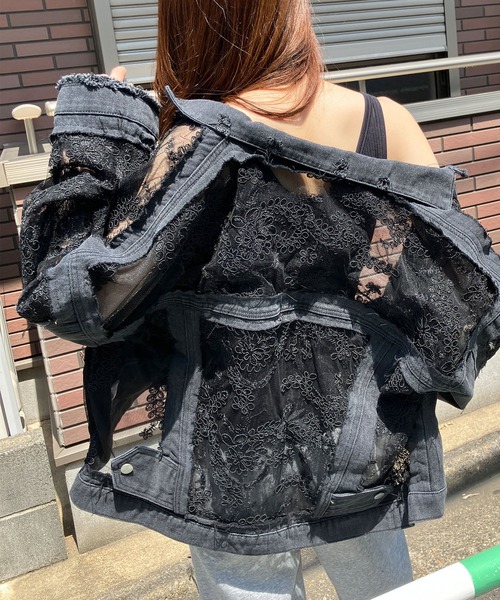 デニムジャケット gジャン レース×デニム切替Gジャン レディースの画像