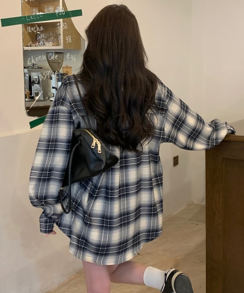 オンブレチェック柄 ルーズ シャツ 長袖 韓国カジュアル cr8565 HEILIS ブラウス シャツ チェック柄シアールーズシャツ / シアー