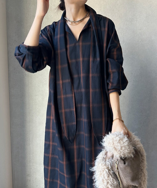 DouDou ワンピース チェック柄ボウタイロングワンピース