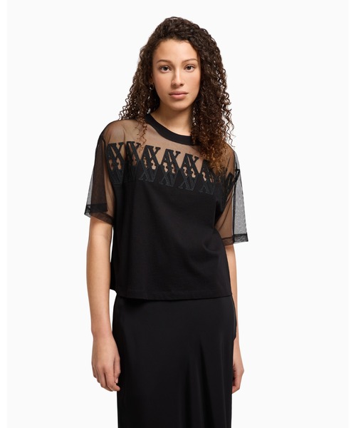 tシャツ 「A|X アルマーニ エクスチェンジ」AXロゴ メッシュクロップドTシャツ/CROPPED レディース ARMANI EXCHANGE tシャツ 「A|X アルマーニ エクスチェンジ」AX