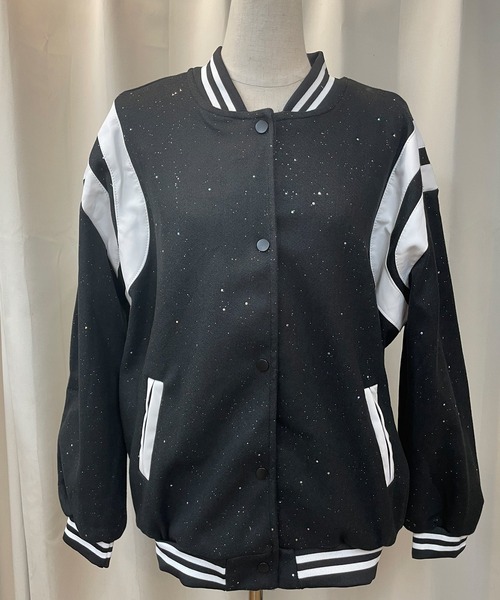 Songe スタジャン 配色ラインルーズシルエットラメスタジャン