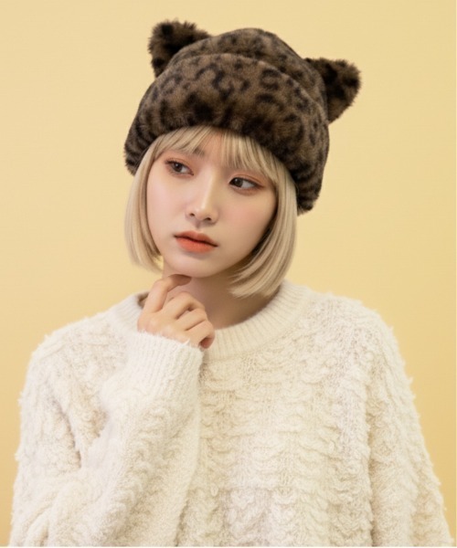 ニット帽 ニットキャップ 「HIKA」レオパードフリースくま耳CAP