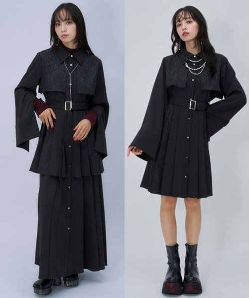 HARE サイドプリーツ　ジャガード ワンピース 黒 HARE（ハレ） ワンピース 「選べるミニ丈＆ロング丈」ジャガードソデ