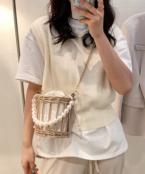 パールハンドル バケツ型 カゴバッグ shopnikoniko かごバッグ カゴバッグ パールハンドル バケツかご