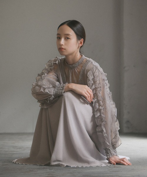 GIRL DRESS FOR NOW ドレス 袖フリルレース切替え フレア ロング