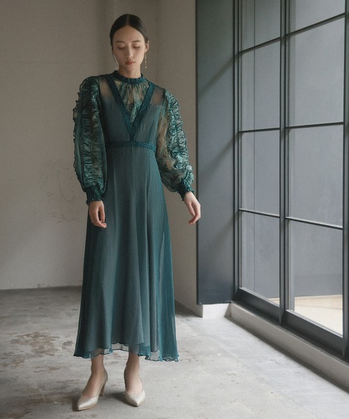 GIRL DRESS FOR NOW ドレス 袖フリルレース切替え フレア ロング