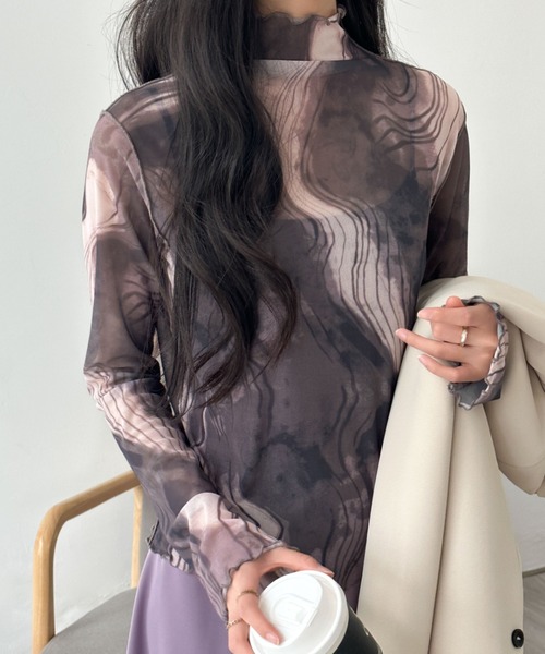 マーブルシアーインナーカットソー emi+ tシャツ シースルーハイネックマーブル柄シアーインナー