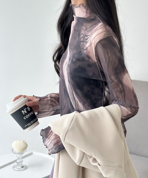 emi+ tシャツ シースルーハイネックマーブル柄シアーインナー