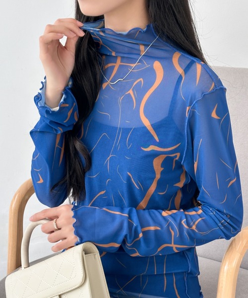 マーブルシアーインナーカットソー emi+ tシャツ シースルーハイネックマーブル柄シアーインナー