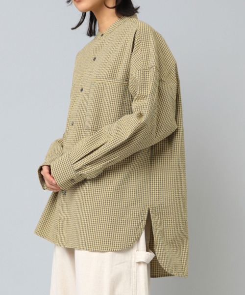 ブラウス シャツ B2802 先染めサッカーチェックスタンドカラーシャツ レディース RNA-N ブラウス シャツ B2802 先染めサッカーチェックスタンド