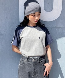 tシャツ ラグランラインスリーブリンガー刺繍Tシャツ レディース