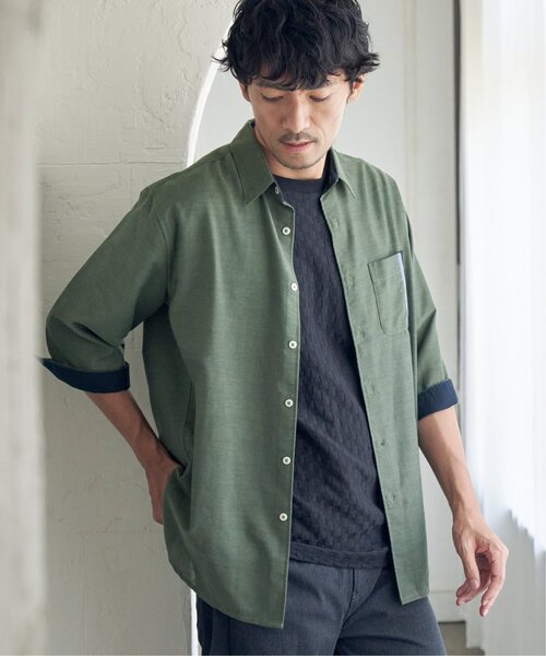TICCA リネンラベンダー 五分袖シャツ ポケット付き ikka シャツ 7分リネン混切り替えポケットシャツ メンズ