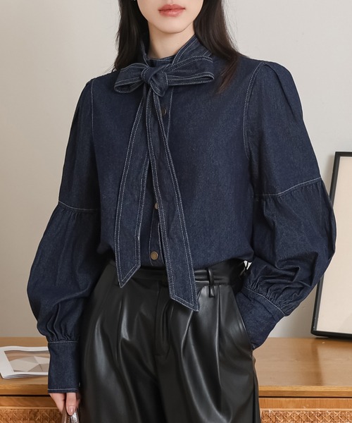 ブラウス シャツ bow collar denim blouse レディース