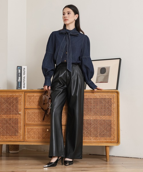 SUWDEE ブラウス シャツ bow collar denim blouse レディース