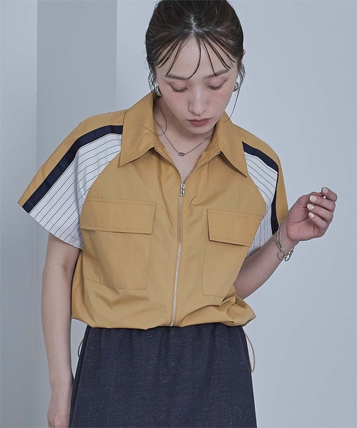 miette（ミエット） ブラウス シャツ ストライプ切替ジップ半袖シャツ