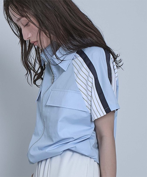 miette（ミエット） ブラウス シャツ ストライプ切替ジップ半袖シャツ