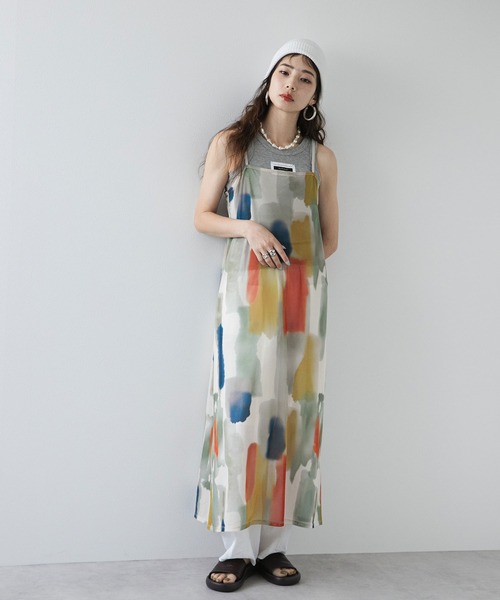 bohmal ワンピース 水彩アート総柄シアーキャミワンピース