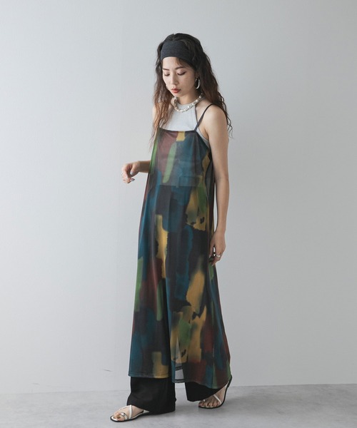 bohmal ワンピース 水彩アート総柄シアーキャミワンピース