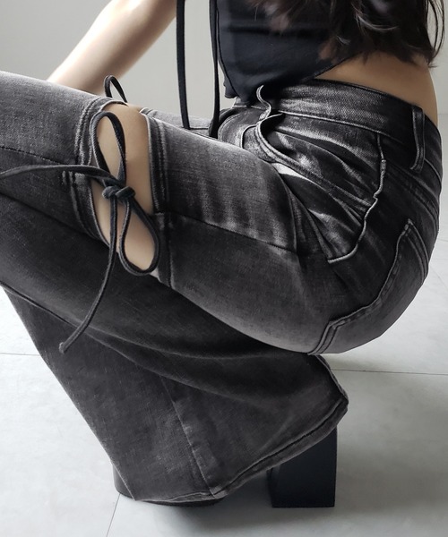 カットアウトリボンヴィンテージストレッチフレアデニム me+em select 2color ／ 3size 】カットアウトリボンヴィンテージストレッチ